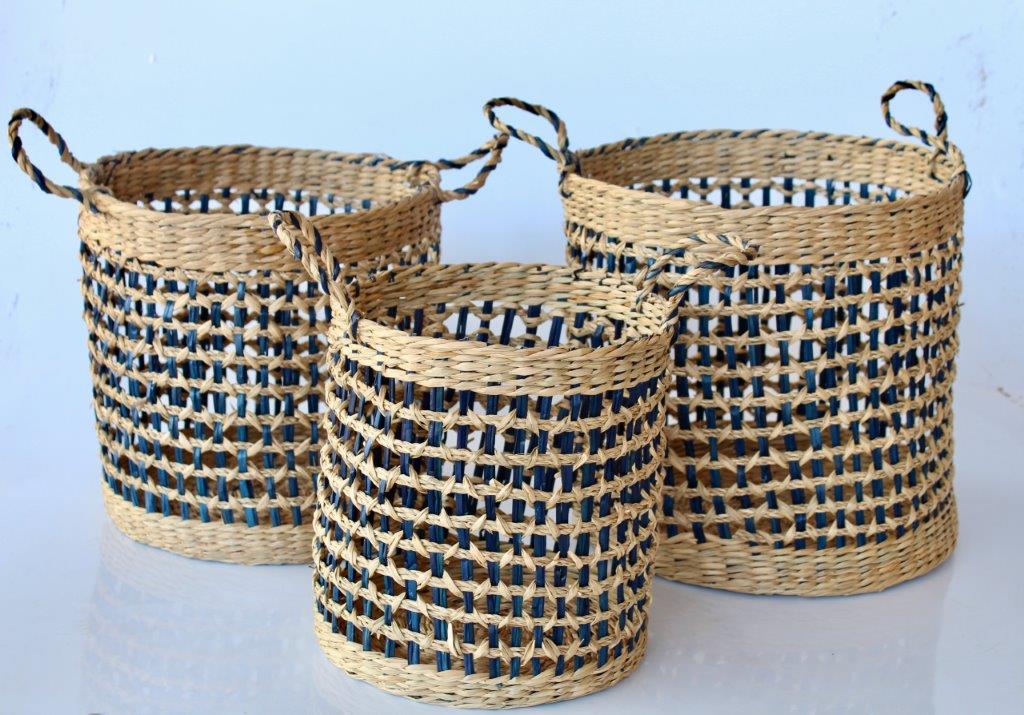 Set Of 3 Navy & Natural Woven Baskets